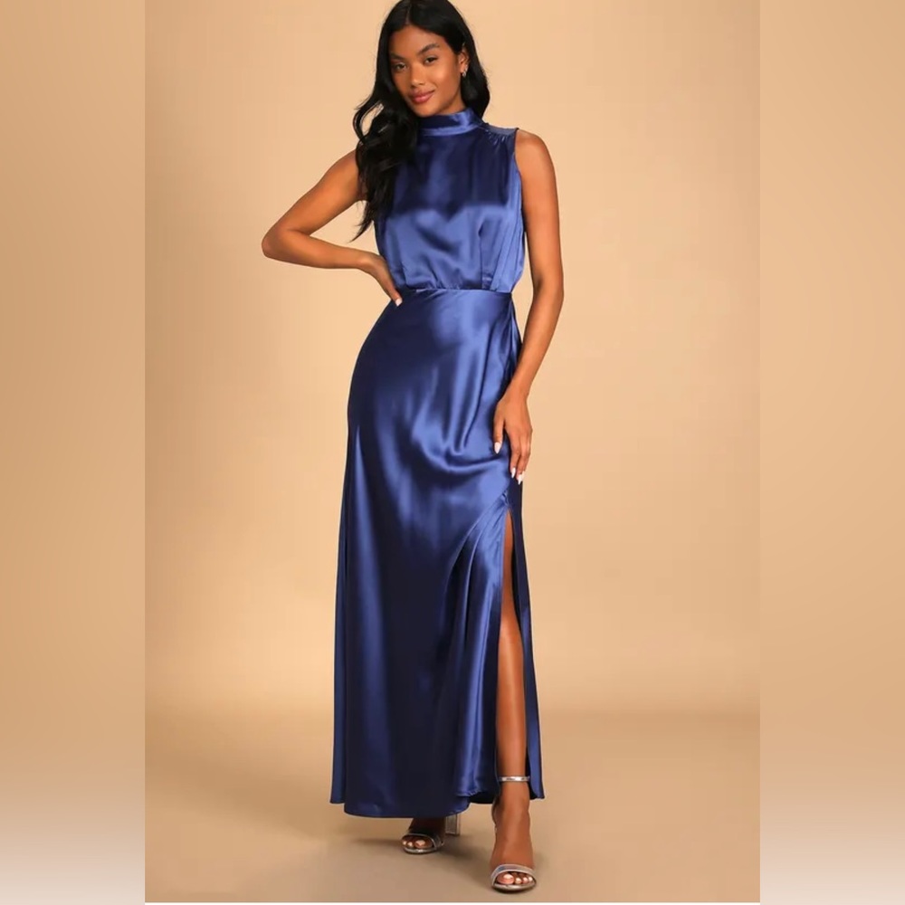 NWT. LULUS Classic Elegance Blue Satin Sleeveless Mock Neck Maxi Dress. Size XL.